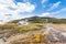 View Haukadalur geyser area in Iceland in autumn