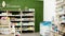 View of healthy food shop with wooden shelves, selling organic eco products for healthy nutrition, food and drinks for