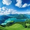 A view from a height of a mountain peak with green trees in the Panoramic