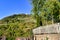 View from Heppenheim city in Germany on Odenwald forest with vineyards and old historic hill castle called `Starkenburg`