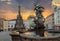 View of Hercules fountain and monument Holy Trinity Column in centre Olomouc city. Czech Republic