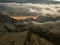 View from high altitude viewpoint in the Alps on the snow covered mountains in the winter evening