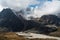 View of high mountain on the way from Dingboche to Lobuche on Everest base camp trekking route