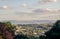 A view from a high point looking down towards a sea side beach area in Devon UK