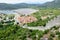 A view high up from the walls of Ston overlooking the town of Ston, Croatia.  The wall is an ancient defensive wall