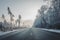 View of the highway road in wintertime. Traveling background. Straight asphalt highway passing through the forest.