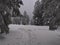 View of hiking path in deep snow with footprints leading to clearing in a forest of frozen trees in winter on Schliffkopf.