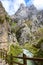 View from hiking trail Cares Trail or Ruta del Cares along river Cares in spring near Cain, Picos de Europa National Park,