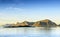 View of the hills in a quiet bay in Lofoten.