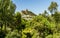 A view of the hilltop fortress in the town of Montefrio, Spain viewed through a gap in the trees