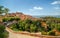 View of hilltop medieval ocher village of Roussillon, France.