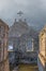 View of historic building in ruins, inside convent of St. Joao of Tarouca, detail of ruined wall with spans of symmetrical windows