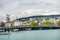 View of the historic buildings and bridge of Zurich at the bank of Limmat River and Zurich lake, with landmark of Zurich