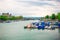 View of the historic city center of Zurich. Church and river Limmat, Switzerland