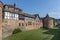 View of the historic city wall with half timbered houses in Budingen, Germany