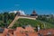 View of the historic city walls and castle Guardhouse Hochwacht and Thick Tower Dicker Turm in Esslingen am Neckar.Baden-WÃ¼