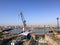 View from the historic Golden Horn Shipyard with vessels in process, cranes and heavy industry equipment