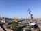 View from the historic Golden Horn Shipyard with vessels in process, cranes and heavy industry equipment