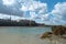 View of the historic old town of Saint-Malo with beach and coast at low tide