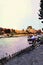 The view of a historic palace and one of the bridges over the Seine in Paris in the autumn