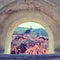 View of historical center of Cesky Krumlov from castle window. Spring or summer cityscape.