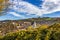 View of historical center of Cesky Krumlov town on Vltava riverbank on autumn day, Czechia