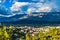 View of Historical UNESCO protected town of Gjirocaster , Southern Albania on background of Balkan mountains. Cloudy dramatic sky