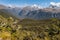 View of Hollyford River Valley from the Routeburn Track in Fiordland National Park, New Zealand