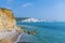 A view from Hope Gap, Seaford along the cliff edge towards the Seven Sisters Chalk cliffs, UK