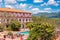 View of the hotel and Vinales valley, Pinar del Rio, Cuba. Copy space for text.