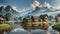 View of a house on a greenfield, surrounded by a serene lake in the middle, and embraced by a picturesque forest.