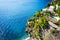 View of houses on rocky Amalfi Coast of Tyrrhenian Sea, Campania