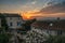 View of houses at sunrise in the village of Chateauneuf-de-Gadagne.