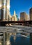 View of ice chunks floating under bridges on a frozen Chicago River in January