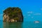 View of the iconic limestone formations of Phuket, en route to James Bond Island, Thailand