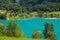 View of idyllic Tenno lake, calming view of a mindfullness nature in Trentino Alto-Adige, Italy