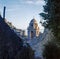 View if the bell tower of the church of the village of Vernazza in the Cinque Terre in Italy, shot with analogue film technique