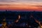 View on illuminated Latin cathedral and historic center of the Lviv at sunset. View on Lvov cityscape from the town hall