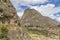 View of inca archaeological site with the Sun Temple, Ollantaytambo, Peru