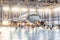 View inside the aviation hangar, the airplane mechanic working around the service