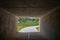 View from inside a bike path tunnel of green pastures and trees beyond