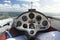 The view from inside a glider as it is being towed by another plane