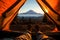 view from inside tent with sleeping bags legs on Mount Shasta, AI Generated