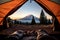 view from inside tent with sleeping bags legs on Mount Shasta, AI Generated