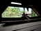 View from inside a traditional wooden house in Huta Siallagan Ancient Batak Village on Lake Toba, Pulau Samosir. Indonesia