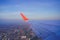 View from inside window Airplane airliner aircraft The plane, sky on the top view flying cloud old city background.