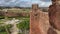 View of the interior of the Silves Castle, from up on the castle walls, looking down at the garden courtyard