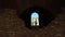 View of the internal facade of the amphitheater through a stone window. Ancient Roman ruins. Ancient amphitheater