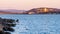 View of Iron Workers Memorial Bridge and Vancouver Shore skyline cityscape in dusk. Canada.