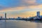 View of Iset river embankment on sunset. Yekaterinburg. Russia